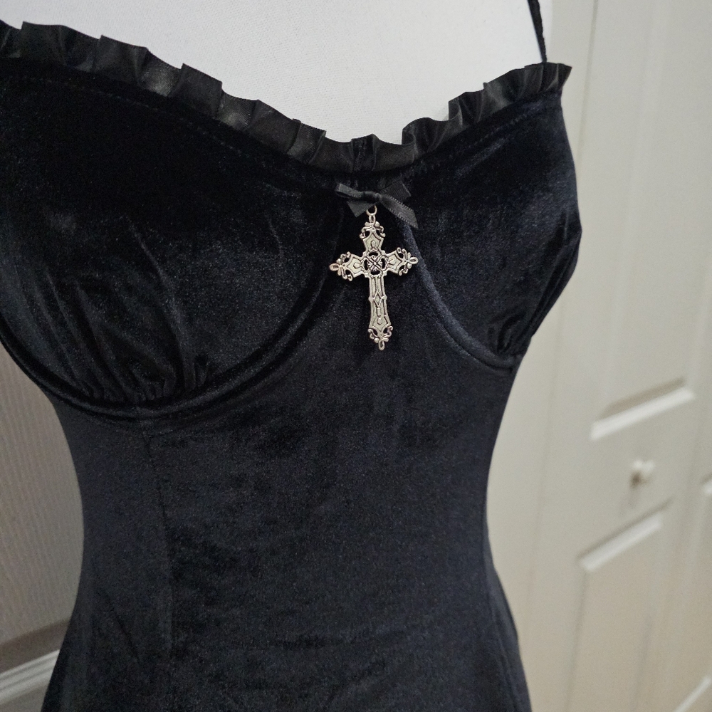 Dolks Kill Widow Goth Witchy Midnight Blind Faith Black Velvet Sexy Mini Dress S - Picture 2 of 8